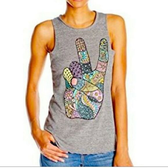 Chaser Gray Sleeveless Top with Colorful Peace Sign Size L - Picture 8 of 12